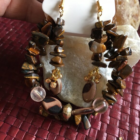 Tiger's Eye Chip Jewelry Set – Bracelet & Earrings – Natural Stone Beads - Picture 2 of 4